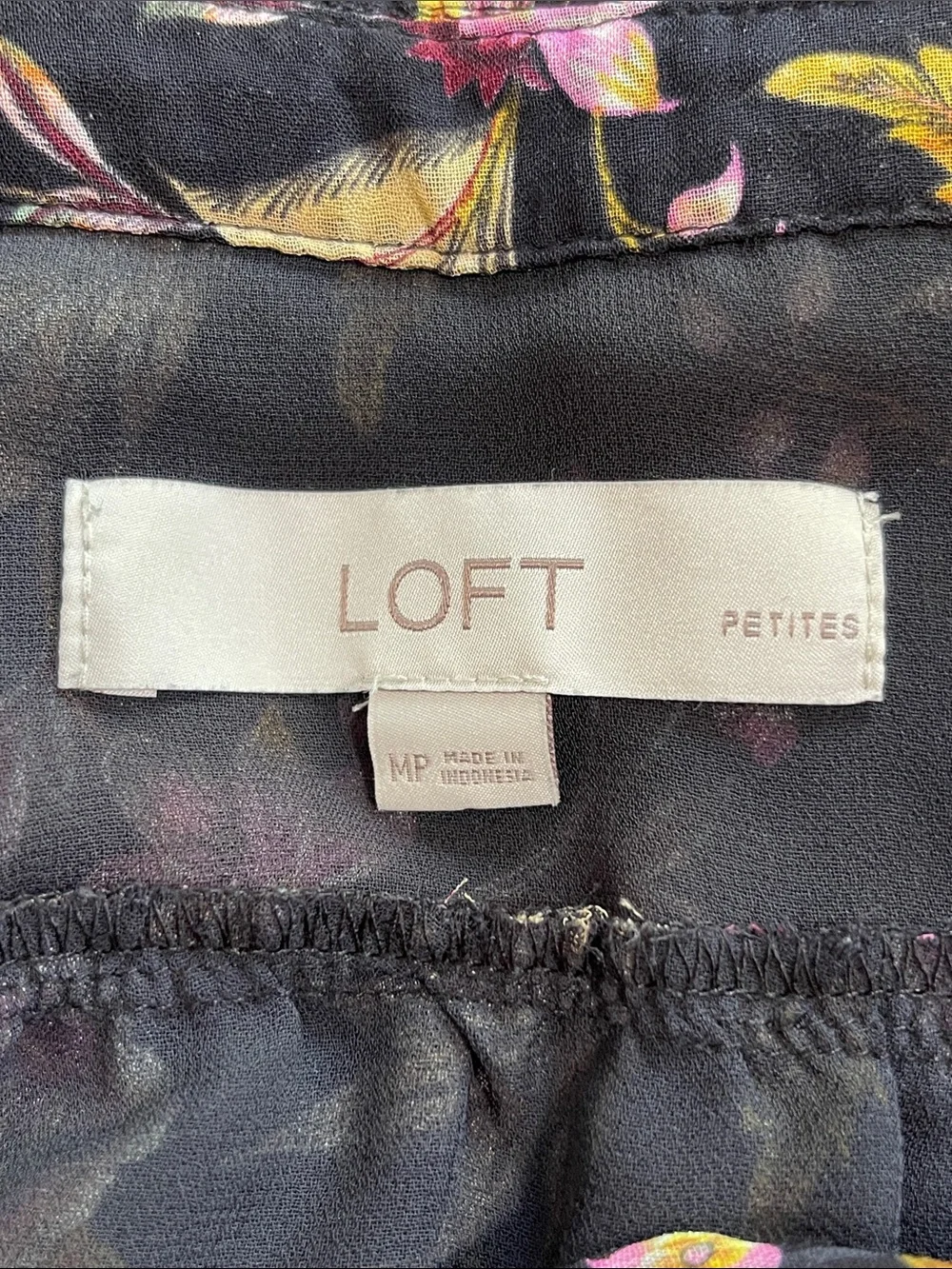 LOFT Black Blouse with Pink Rose Floral Print